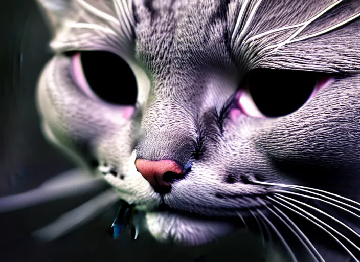 Image similar to hyperrealism, detailed textures, photorealistic 3 d render, a beautiful grey coloured cat with medium hair length, one million lave rivers, sharp focus, ultra realistic, ultra high pixel detail, cinematic, intricate, cinematic light, concept art, illustration, art station, unreal engine 8 k