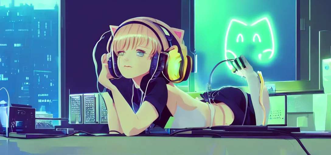 Image similar to a blond woman with cat ear headphones, sitting in front of computer, gamer, computer nerd, cute room, neon lights, gamer aesthetic, lofi vibes, strong crisp lineart and flat color, by ilya kuvshinov, krenz cushart, Greg Rutkowski, trending on artstation