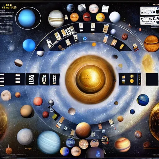 Image similar to a solar system layout like a chessboard, highly detailed digital art but as photography, marvel cinematic, 4 k, studio lighting, wide angle shot, panoramic