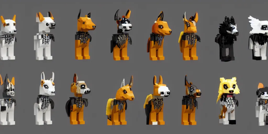 Image similar to animals made of lego bricks, four legged, quadrupedal, cute looking, kawaii, sharp focus, character sheet, game concept art