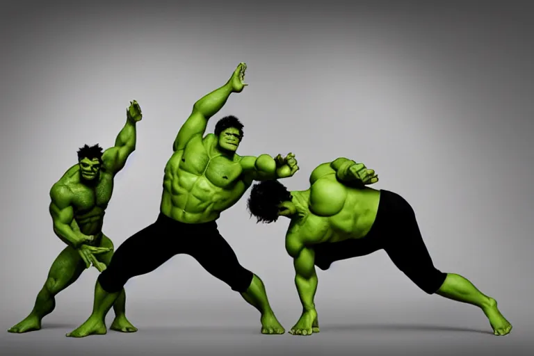 Image similar to the hulk and shrek doing yoga poses in the morning, produced in surreal sweatshop under fluorescent dominion, advanced, photorealistic, realistic, dramatic lighting, fantastic reality, by michelangelo, 8 k resolution