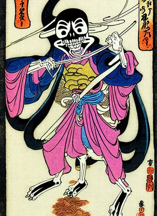 Image similar to skeletor as a yokai illustrated by kawanabe kyosai and toriyama sekien