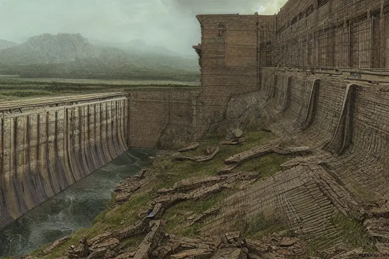 Prompt: intricate, 3 d, vast abandoned dam, style by caspar david friedrich and wayne barlowe and ted nasmith.