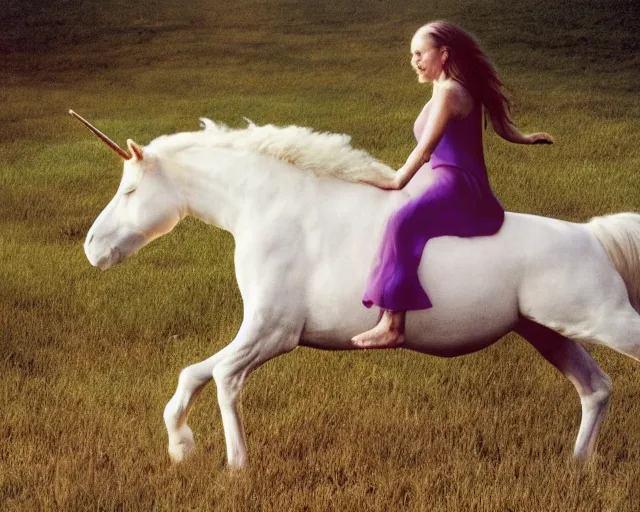 Image similar to photo of a woman riding a unicorn, photo by annie liebovitz