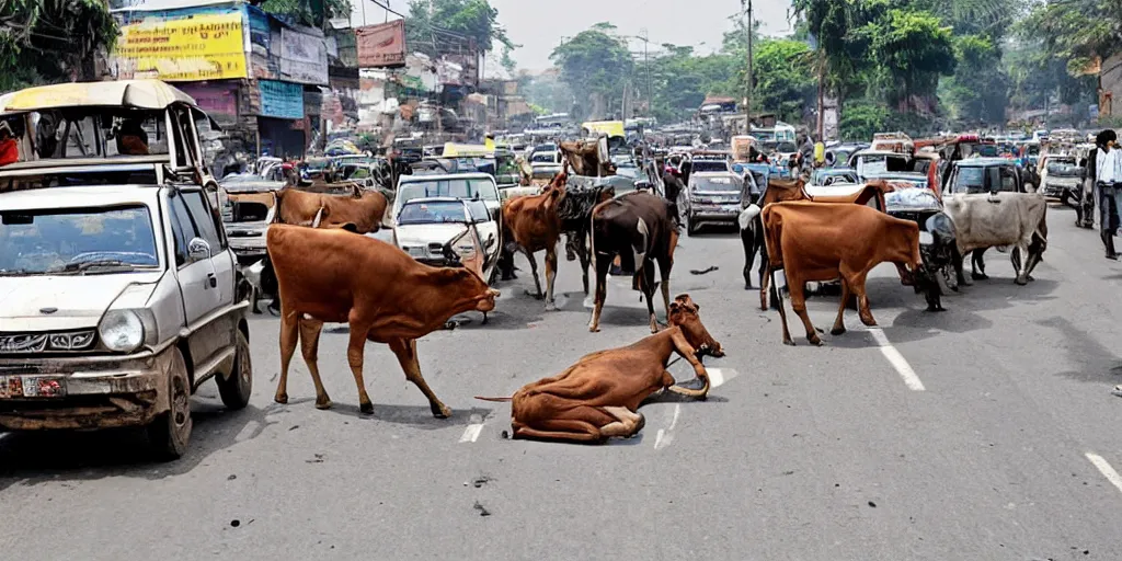 Prompt: car traffic in India caused by a cow in the middle of the road