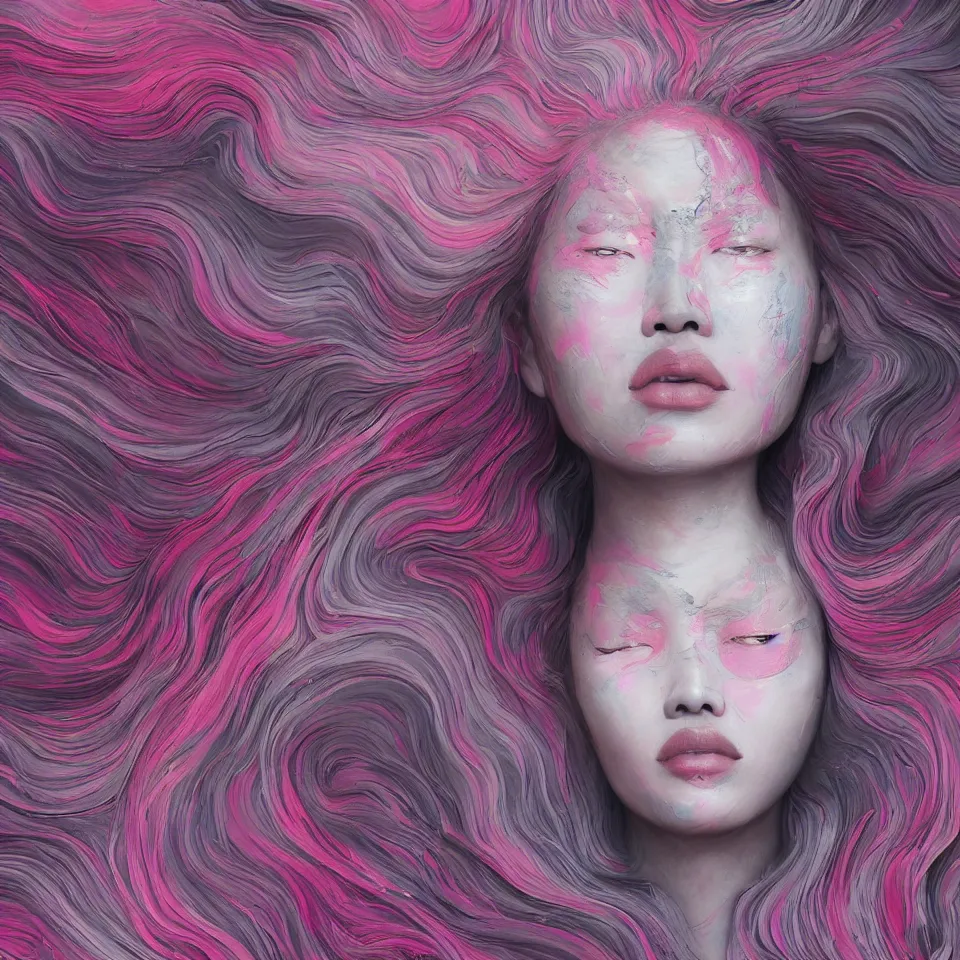 Image similar to a portrait of a very beautiful young asian goddess with pink and grey hair radiating an artwork made of swirling paint and impasto by james jean and wlop, background is multicoloured volumetric displacement, hyperrealism, subsurface scattering, arnold render, noise to volume, 8 k, houdini, xparticles