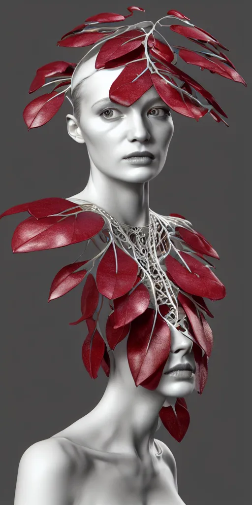 Image similar to complex 3d render ultra detailed of a beautiful porcelain profile woman face, mechanical vegetal cyborg, robotic parts, 150 mm, beautiful studio soft light, 3 point lighting, spot light, rim light, silver gold red details, luxurious, high tech gadget, cyberpunk, magnolia big filigran leaves and stems, roots, Alexander Mcqueen haute couture, fine foliage lace, mesh wire, filigran metallic intricate details, hyperrealistic, mandelbrot fractal, anatomical, silver metal armor, facial muscles, cable electric wires, microchip, elegant, white background, beautiful white teeth, octane render, H.R. Giger style, 8k