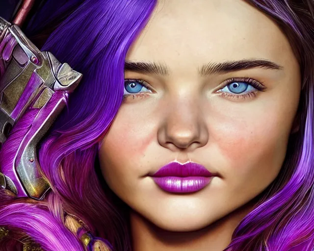 Prompt: cute Miranda Kerr in epic heroic pose with weapon, cinematic, 4k, hyper realistic, super detailed, colorful accents, purple hair, golden ratio, symmetrical face, highly detailed professional photo, centered, vray caustics, hyper realistic by Sandra Chevrier