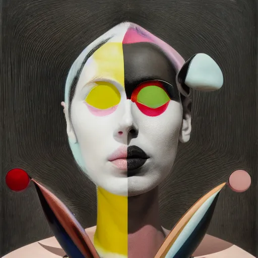 Prompt: portrait of a morphed harlequin sitting on a stool looking into a mirror doing makeup by james jean and luc tuymans and beeple and hernan bas and pat steir and hilma af klint, psychological, 3 d, dripping paint, monochrome, high quality render, masterpiece