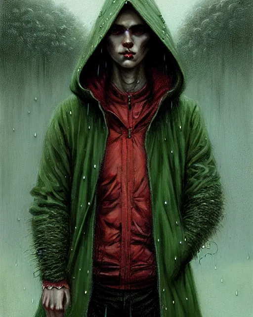 Image similar to portrait Green hooded jacket coat Hunter man elf, long-haired At the rainy town, soaked By greg rutkowski, tom bagshaw, beksinski