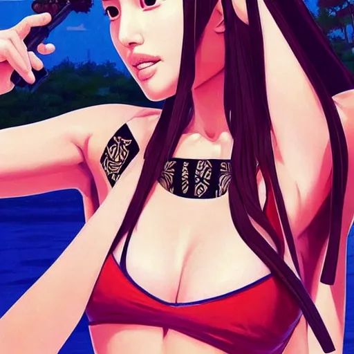 Image similar to a beautiful young japanese natalie portman alluring gravure model, stylized concept art, wearing elegant designer bomber jacket and one piece bikini, bomber jacket with mesoamerican patterns, mesoamerican native street fashion, princess mononoke, painted by ilya kuvshinov aesthetic, gorgeous, stunning, alluring, attractive, artstation, pinterest, digital art
