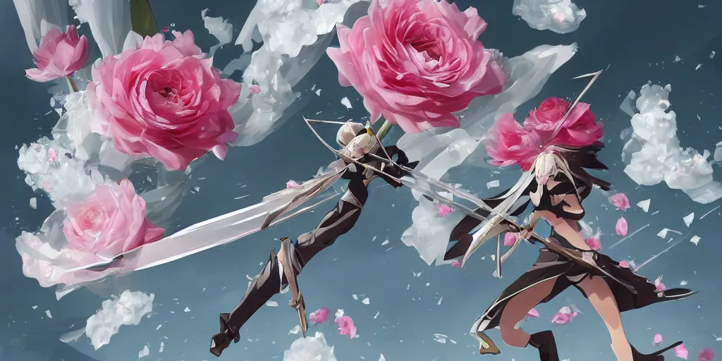 Image similar to floating flying longswords slicing through a bouquet of white and pink roses, flowers exploding and spraying, big puffy clouds, sharp rain, large rose petals, lotus petals, large polygonal background elements, large polygons, dramatic anime, dramatic lighting, artgerm, manga, trending on artstation, art nouveau, mature colors