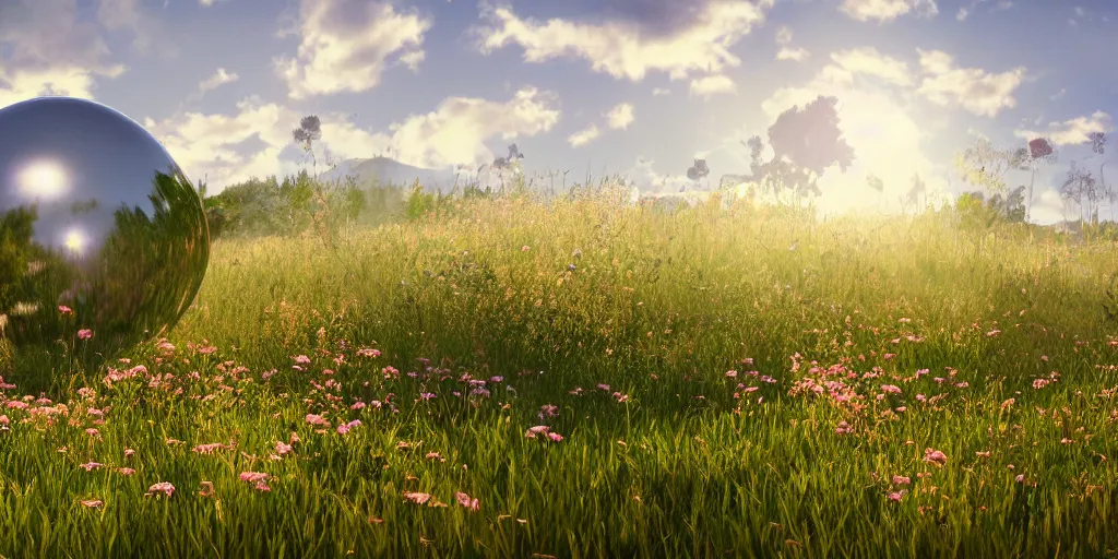 Prompt: chrome blob hovering over a meadow daylight flowers wildlife photorealistic wonderful render unreal ultrawide