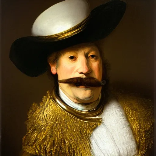 Prompt: Commodore Tyrannosaurus Rex with large white gentleman mustache and large gold trimmed commodore hat, portrait, by Rembrandt