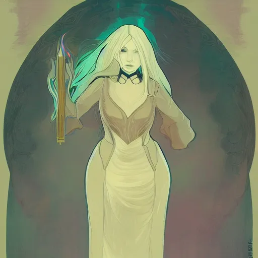 Image similar to portrait of a female sorcerer using magic, blueish aura by her side, dynamic pose, chromatic aberration, medium level shot, grim fantasy, illustration, mucha style, concept art,