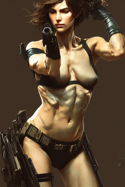 Image similar to quiet from metal gear solid, intricate, elegant, dynamic pose, highly detailed, digital painting, artstation, concept art, matte, sharp focus, illustration, art by Artgerm and Greg Rutkowski and Alphonse Mucha