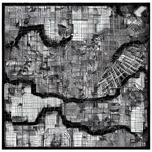 Prompt: a huge isometric map of a DnD fantasy world | hand drawn on grid paper | arial view , black and white,cracks,buildings,towers,perfect layout