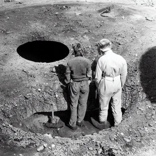 Prompt: old photo of 2 archeologists standing above a hole in the ground looking at an old crashed alien spaceship in the hole, realistic, historic, press photo, black and white