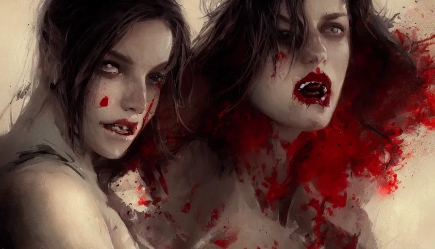 Prompt: A beautiful painting of Josie Maran as a blood sucking vampire by greg rutkowski and Kalin Popov , Trending on artstation HD.