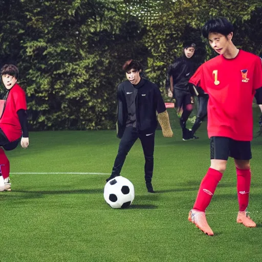 Prompt: bts playing soccer in their house.