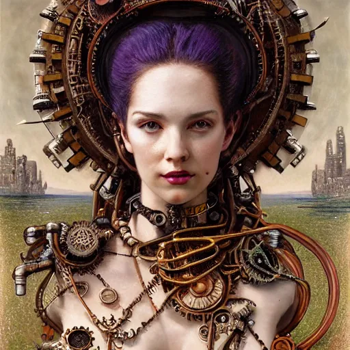 Prompt: A head and shoulders masterpiece portrait of a steampunk beautiful goddess, she half human and half robot, she is embellished with few gears wheels and gemstones, by William Holman Hunt, Greg Rutkowski, Stanely Artgerm, Tooth Wu, Peter Gric, Aaron Horkey, trending on Artstation, digital art, mythological, symmetrical artwork, cinematic lighting, hyper realism, high detail, octane render, ultra realistic, golden ratio, 4k, 8k