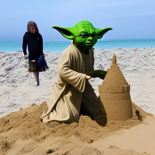 Image similar to Yoda building a sand castle on the beach