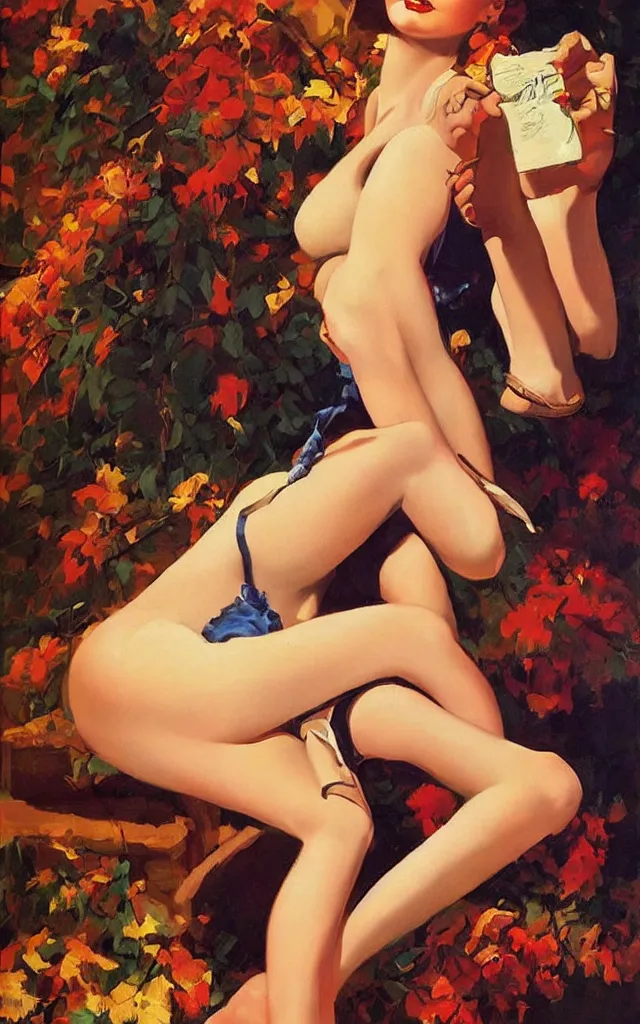 Image similar to a beautiful painting representative of the art style of gil elvgren