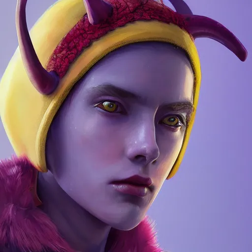 Prompt: A professional digital portrait painting of a young adult female tiefling, painted by Wes Anderson, painted by Hayao Miyazaki, dressed in light armor, 4k, digital art, trending on cgsociety, highly detailed, head and shoulders shot, shallow depth of field, purple and yellow lighting, professional lighting, airbrush,