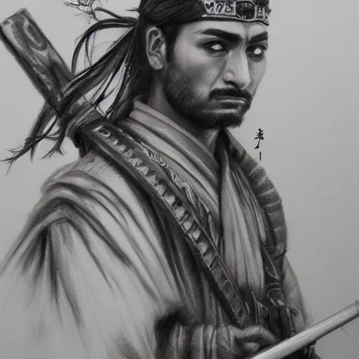 Image similar to Kurdish samurai, detailed charcoal sketch, realistic, incredibly detailed, award winning art, cinematic, extremely high detail, concept art