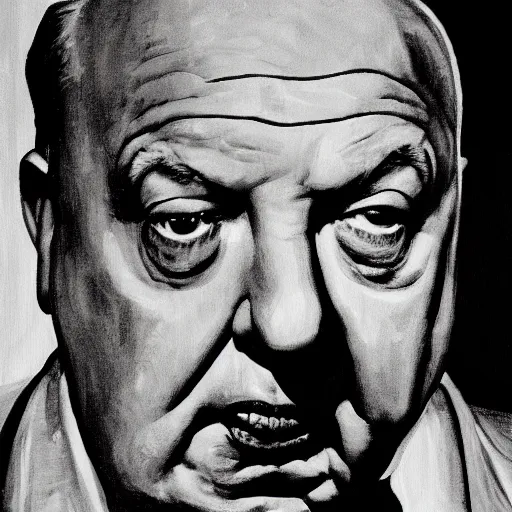 Prompt: painting of alfred hitchcock on psycho set in the style of alan bean, hyperrealistic eyes, high contrast, black and white, masterpiece