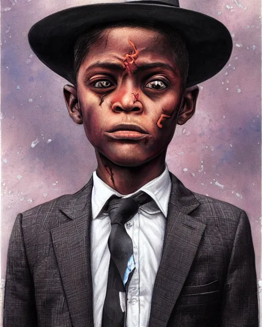 Prompt: portrait of a 7 year old child gang leader, gritty, looking serious, wearing a suit and a tie, very detailed eyes, hyperrealistic, beautiful, very detailed painting by Glenn Fabry, by Joao Ruas, by Artgerm