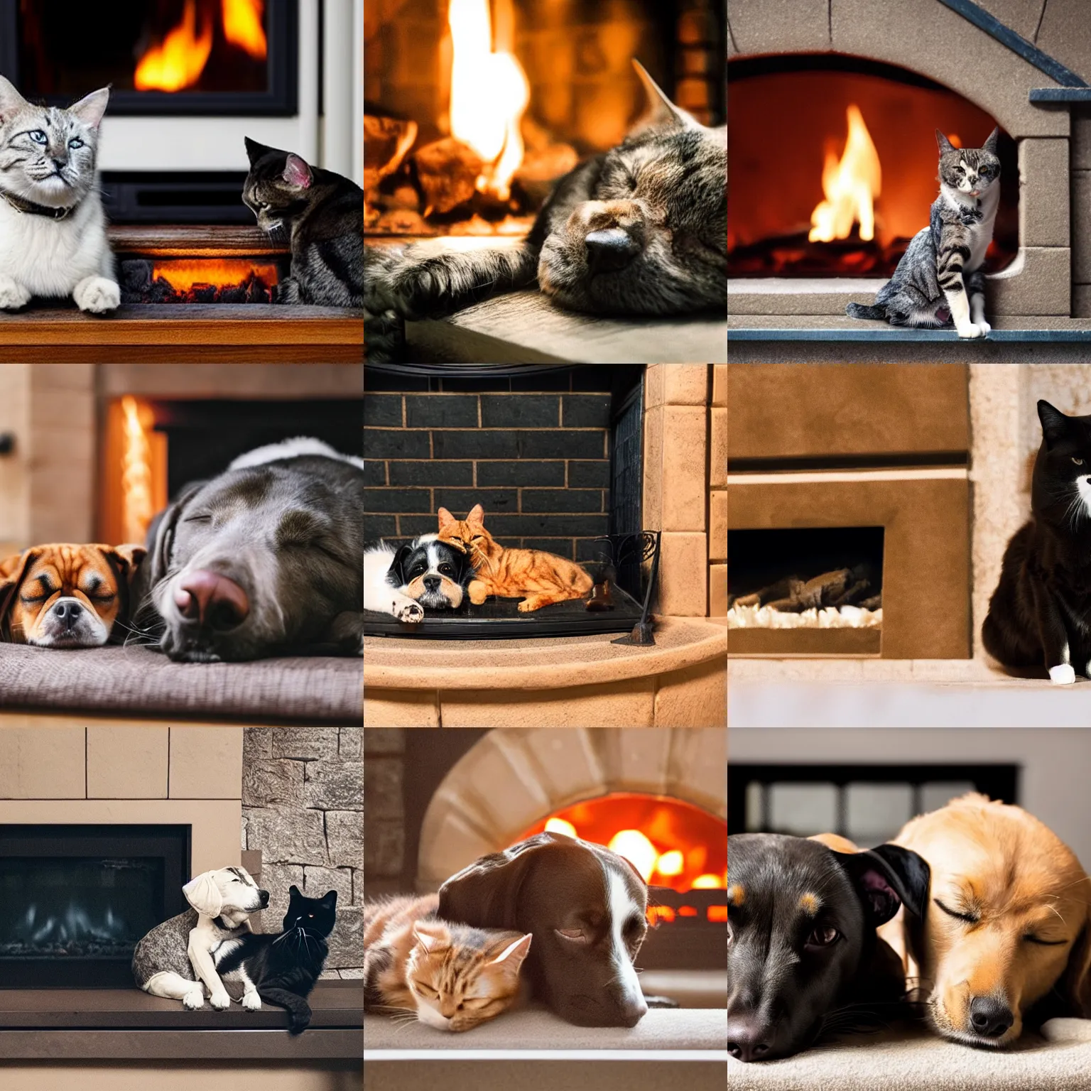 Prompt: photograph of a dog and a cat napping together in front of a fireplace