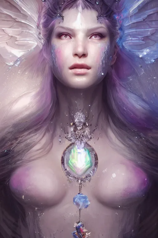 Image similar to face closeup covered with ice of extremely beautiful girl necromancer, magical fairy ice and ice velvet, diamonds, jewels, angels, 3 d render, hyper - realistic detailed portrait, holding fire and electricity rainbow, ruan jia, wlop. scifi, fantasy, magic the gathering, hyper detailed, octane render, concept art, peter mohrbacher