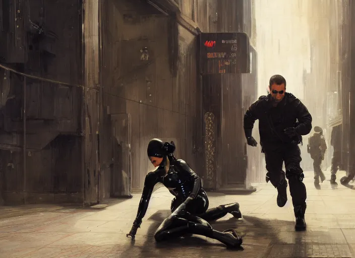 Image similar to sophia evades sgt Griggs. Cyberpunk hacker wearing jumpsuit escaping police troopers (blade runner 2049). Gorgeous face. Iranian orientalist portrait by john william waterhouse and Edwin Longsden Long and Theodore Ralli and Nasreddine Dinet, oil on canvas. Cinematic, hyper realism, realistic proportions, dramatic lighting, high detail 4k