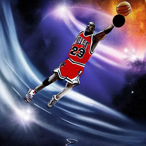 Prompt: Poster of Michael Jordan in space dunking into a black hole, highly detailed, realistic, view from the bottom