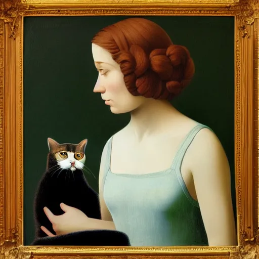 Image similar to a girl and her cat by Raphael, Hopper, and Rene Magritte. detailed, romantic, enchanting, trending on artstation.