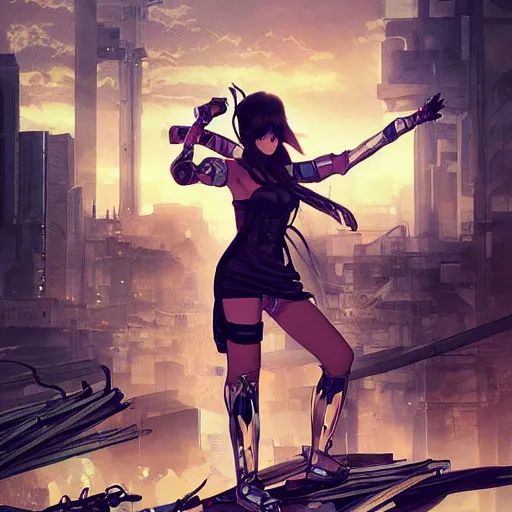 Prompt: a full body Anime cyberpunk ninja babe standing on a pile of destroyed machines, by artgerm and Alphonse Mucha, cinematic, dramatic lighting, post-apocalypse realistic