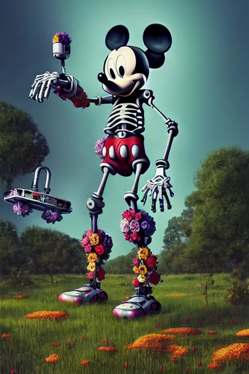 Image similar to a skeletal, mickey mouse made out of flowers and bones, walking with a robot, in the cyberpunk countryside by beeple, nychos and arcimboldo, highly detailed octane render