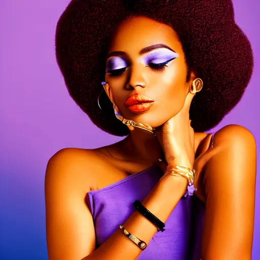 Prompt: pop art of an African American woman with an afro, with exquisite hollywood style makeup on, her eyes closed as the sun is rising behind her, studio photography, f/1.8 cinematic lens