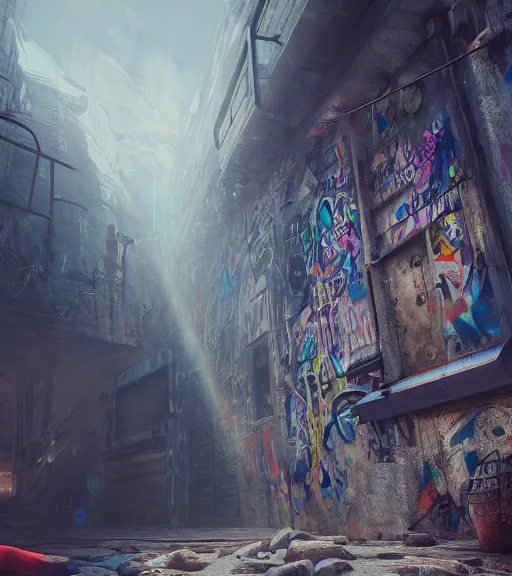 Image similar to cupule of museum full of graffitis, ancient atmosphere, trending on artstation, behance, octane render, award winning, archviz, matte painting, sunrays, ethereal, masterpiece, epic