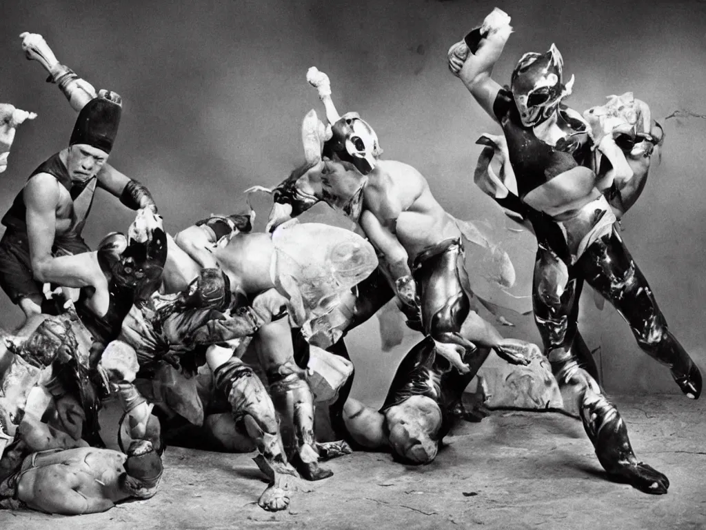 Image similar to photograph of the war of the luchadors : : 5, luchadors : : 4, war : : 3, action scene, dramatic lighting, cinematic, nineteen twenties, vintage, avant garde cinema, dada style, highly realistic, ultra detailed, black and white, by david lynch : : 3, in the style of the movie eraserhead