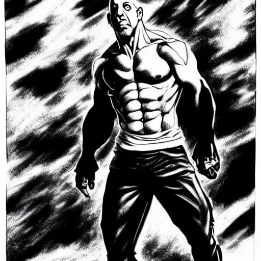 Image similar to Black and white drawing of Vin Diesel walking like a Italian model in JoJo\'s Bizzare Adventure style, highly detailed, sharp focus, 1990 manga panel, anime, ArtStation, art by Hirohiko Araki