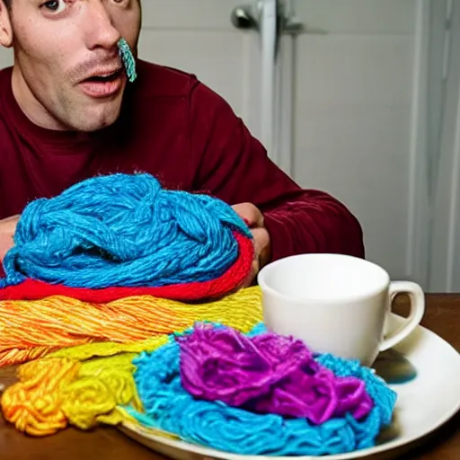 Prompt: a man eating colorful yarn, with a dinner plate of a pile of muppets