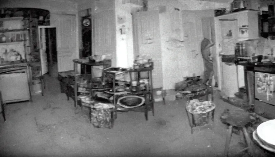 Image similar to snake, a man sit in a stalinist style kitchen, by mini dv camera, very very low quality, heavy grain, very blurry, accidental flash, webcam footage, found footage, security cam, caught on trail cam
