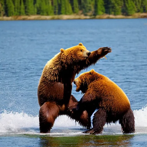 Image similar to kodiak bears kung - fu fighting on a lakefront using salmon as weapons, in the style of the flintstones, hanna - barbera.