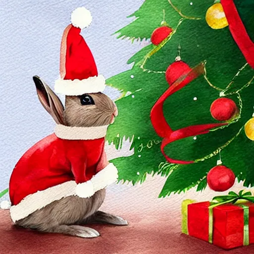 Image similar to a rabbit wearing a santa hat, places a christmas present underneath a christmas tree inside a cozy livingroom, realistic watercolour style