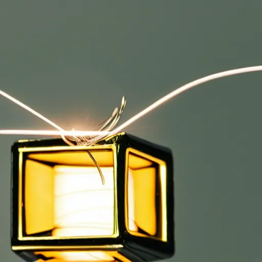 Prompt: a single black cube with shiny golden wire around the cube, pulsing with light from the inside