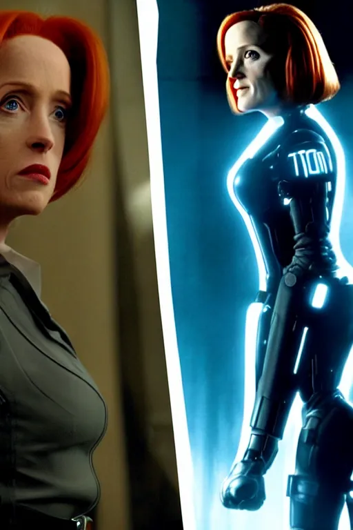 Image similar to dana scully in tron : legacy ( 2 0 1 0 ) and lord of the rings : the two towers ( 2 0 0 2 )