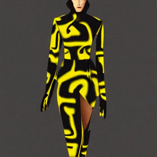 Image similar to brutalist fashion incorporating black and yellow, fashion show, studio lighting, concept art