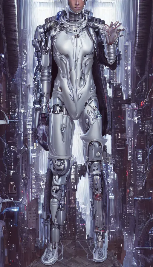 Image similar to full body head to toe portrait of a cyberpunk sci-fi cyborg netrunner bionic man, third person, D&D, sci-fi fantasy, matrix , intricate, white with shiny silver and chartruse fringe highlights, highly detailed, art by Range Murata, highly detailed, 3d, octane render, bright colors, digital painting, trending on artstation, sharp focus, illustration style of Stanley Artgerm, dramatic background